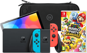 Nintendo Switch OLED Blauw/Rood + Mario Party Jamboree + BlueBuilt Beschermhoes